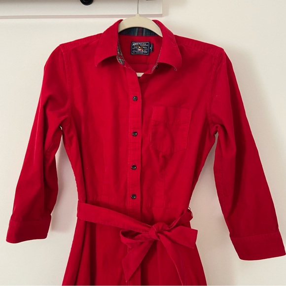 Red Corduroy Dress Women’s Small Button Belt Country Preppy Academia Teacher - Picture 2 of 9